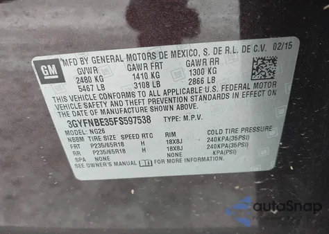 2015 Cadillac Srx Luxury Collection from USA, damaged, VIN 3GYFNBE35FS597538